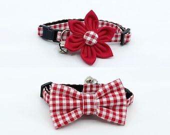 Cat Collar With Optional Flower Or Bow Tie Red Gingham Breakaway Cat Collar Sizes S Kitten, Medium, Large