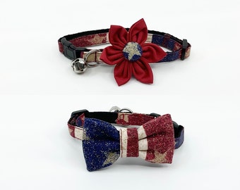 Patriotic Gold  Stars on Red And Blue Stripes Breakaway Cat Collar With Optional Flower Or Bow Tie - Adjustable Sizes S Kitten, M, L