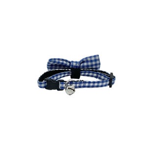 May include: Blue and white gingham cat collar with a matching bow tie and a silver bell.