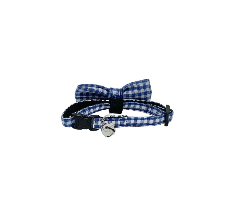 May include: Blue and white gingham cat collar with a matching bow tie and a silver bell.
