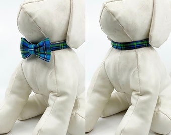 Dog Collar With Optional Bow Tie Blue And Green Plaid Pet Collar Adjustable Sizes XS, S, M, L, XL