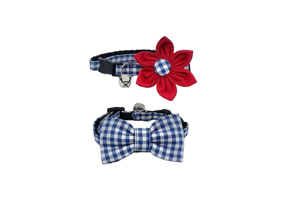 Royal Blue Gingham Cat Collar, Optional Flower Or Bow Tie, Breakaway Adjustable Sizes S-L