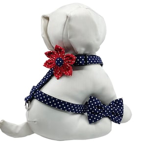 Navy Blue Polka Dot Dog Harness With Optional Flower Or Bow Tie, Adjustable Pet Harness Size XS, S, M