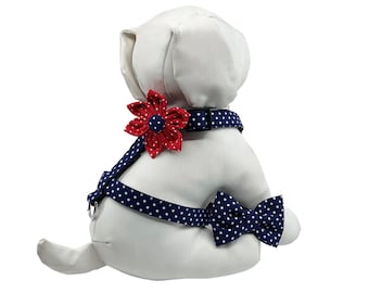 Navy Blue Polka Dot Dog Harness With Optional Flower Or Bow Tie, Size XS-M