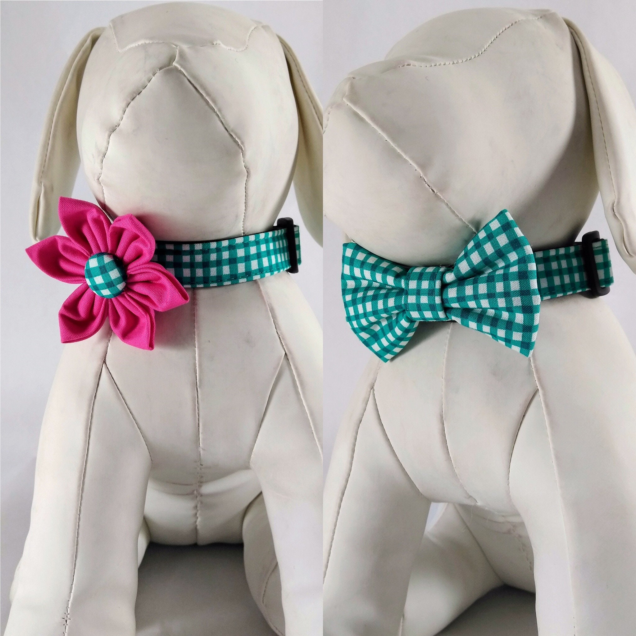 Teal Gingham Dog Collar With Flower Or Bow Tie In Adjustable Sizes XS…