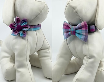 Dog Collar With Optional Flower Or Bow Tie Purple And Turquoise Plaid Adjustable Sizes XSmall, Small, Medium, Large, XLarge