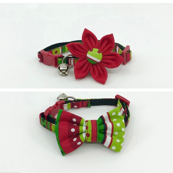 Cat Collar With Optional Flower Or Bow Tie For Christmas, Holiday Dot-Stripe, Breakaway Collar Adjustable Sizes S Kitten, M, L