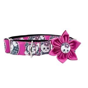 Martingale Dog Collar With Optional Flower Skulls And Flowers on Pink Adjustable Slip On Collar Sizes S, M, L, XL