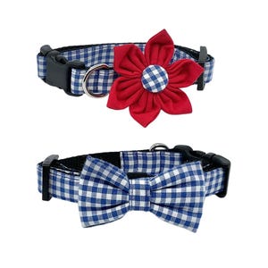Royal Blue Gingham Dog Collar With Optional Bow Tie Or Flower, Adjustable Pet Collar Sizes XXS, XS, S, M, L, XL