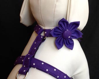 Dog Harness With Flower  Purple Polka Dots  - Adjustable Pet Harness Sizes XS, S, M