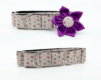 Retro Ditsy Dot Martingale Dog Collar With Optional Flower, Adjustable Slip On Collar  Sizes Small, Medium, Large, XLarge