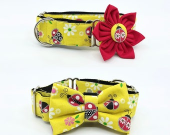 Martingale Dog Collar With Optional Flower Or Bow Tie Red Sparkly Ladybugs On Yellow Slip On Collar Adjustable Sizes S, M, L, XL