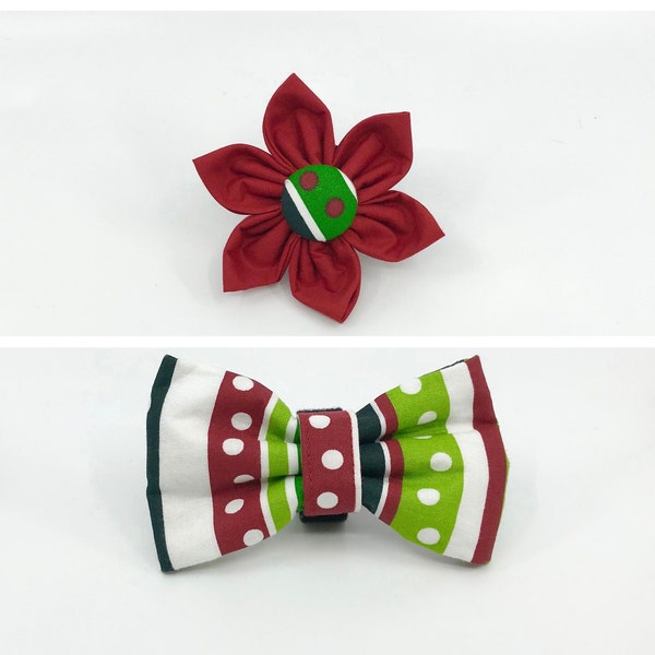 Red And Green Dot Stripe Christmas Flower Or Bow Tie Accessory For Your Dogs Or Cats Harness Or Collar