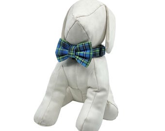 Blue and Green Plaid Dog Collar with Optional Bow Tie: Adjustable Sizes XXS-XL