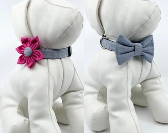 Chambray Dog Collar With Optional Flower Or Bow Tie Adjustable Pet Collar Sizes XSmall, Small, Medium, Large, XLarge