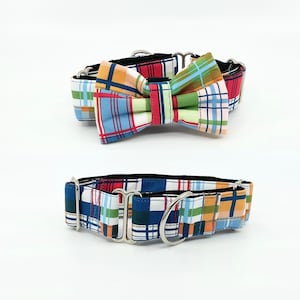 Martingale Dog Collar With Optional Bow Tie Multicolored Patchwork Plaid Slip On Collar Sizes Small, Medium, Large, XLarge