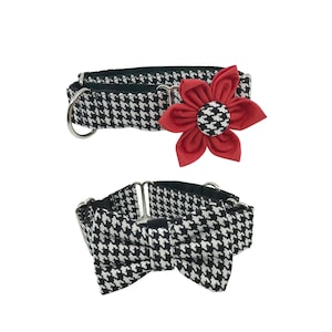 Martingale Dog Collar with Optional Flower or Bow Tie: Black and White Houndstooth Slip on Sizes XS-XL