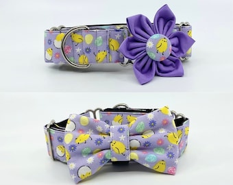 Easter Martingale Dog Collar With Optional Flower Or Bow Tie Yellow Chicks And Flowers On Purple Slip On Collar Adjustable Sizes S, M, L, XL