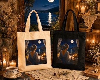 Deborah Peach™ Moonlit Grace Cotton Canvas Tote Bag | Vintage Cottagecore Moonlit Floral Market Tote | Elegant Everyday Shoulder Bag