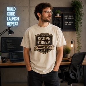 スコープクリープサバイバーTシャツ｜面白いテックオタクTシャツ｜ソフトウェア開発者へのギフト｜コンフォートカラーズTシャツ
