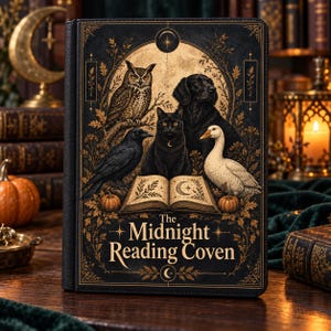 May include: A black hardcover book titled The Midnight Reading Coven, featuring gold illustrations of an owl, a raven, a black cat, a black dog, and a white goose surrounding an open book, pumpkins, and foliage against a large moon background.