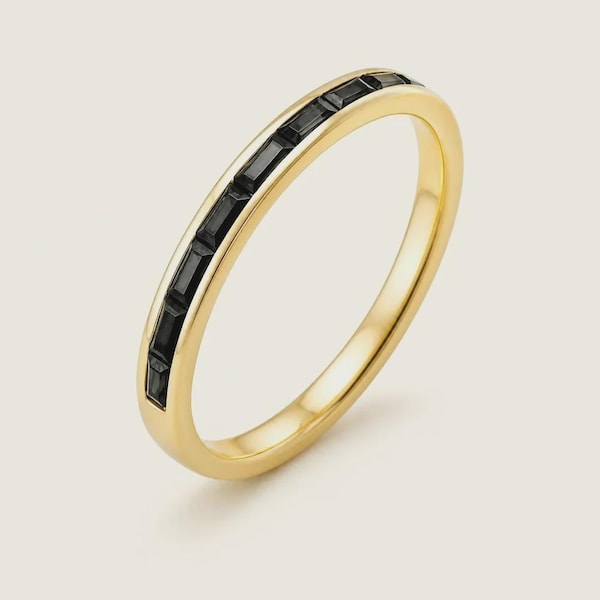 14K Gold plated Black Diamond Wedding Band, Baguette Black Diamond Ring, Minimalist Anniversary Ring, Stackable Wedding Band Gift