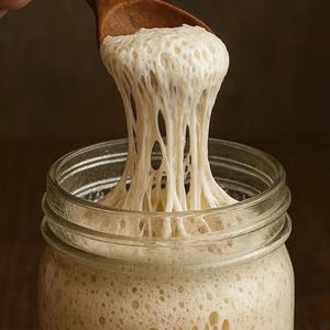 May include: A wooden spoon lifts a portion of active, bubbly sourdough starter from a clear glass jar. The off-white, fermented dough mixture exhibits a thick, elastic, and stringy texture as it stretches upwards from the jar's wide opening.
