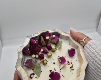 Handmade Natural Soy Wax Candle,Triple Wooden Wick,Black Gold Marble Faceted Reusable vessel,Dried Rose Botanicals, Gift