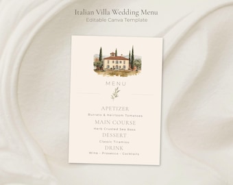 Italienische Villa Hochzeit Menü Vorlage | Bearbeitbare Canva (Instant Download)