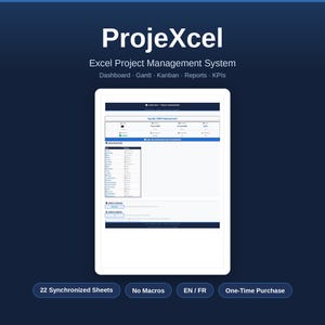 Peut inclure: Un affichage numérique du système de gestion de projet ProjExcel sur un écran de tablette blanc. L'interface présente un tableau de bord de déploiement CRM Apollo avec des tableaux de données, le statut du projet et des métriques. Boutons : 22 feuilles synchronisées, sans macros, EN/FR, achat unique.
