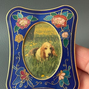 Può includere: Una cornice portafoto rettangolare in metallo con finitura in smalto blu intenso e bordi dorati. La cornice presenta un'apertura centrale ovale contenente la fotografia di un basset hound marrone e bianco seduto in un campo di fiori gialli.