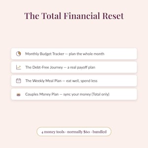 Financiële resetbundel: budget, schuld, maaltijdplan, geld voor stellen (Google Spreadsheets Excel)