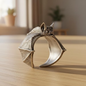 Puede incluir: Un anillo de metal plateado con forma de murciélago con las alas extendidas. El murciélago presenta texturas detalladas en sus alas y una cabeza esculpida con orejas puntiagudas. El anillo tiene un diseño de banda abierta ajustable y un acabado metálico.