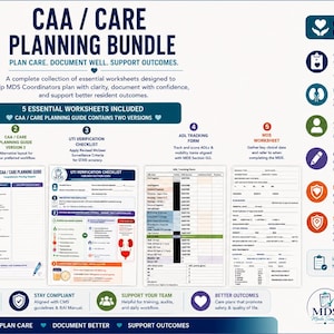May include: A CAA and Care Planning Bundle document set featuring five essential worksheets for MDS coordinators. The collection includes a planning guide in two versions, a UTI verification checklist, an ADL tracking form, and an MDS worksheet.