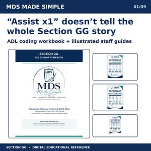 May include: A digital educational reference set titled MDS Made Simple, featuring an ADL coding workbook and illustrated staff guides. The text includes Assist x1 doesn't tell the whole Section GG story, Section GG ADL Coding Workbook, and guides.