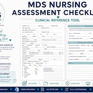 May include: An MDS Nursing Assessment Checklist clinical reference tool in a white and dark blue color scheme. The document features fillable sections for resident information, medications, and clinical references, with text including MDS Made Simple.