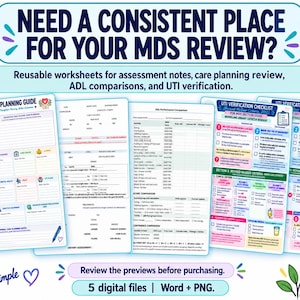 Op de afbeelding: Een set van vijf digitale werkbladen voor MDS-beoordelingen, zorgplanning en UTI-verificatie. De documenten bevatten koppen zoals CAA/Care Planning Guide, ADS Performance Comparison en UTI Verification Checklist met blauwe, roze en groene accenten.