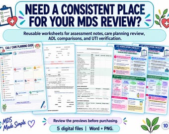 Dossier MDS | Guide de planification des soins, liste de vérification des infections urinaires, formulaire de suivi des activités de la vie quotidienne, feuille de calcul MDS | Soins de longue durée | Infirmière en EHPAD