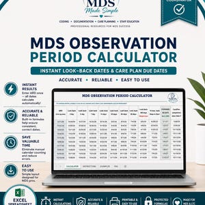 Op de afbeelding: Een digitale MDS-observatieperiodecalculator weergegeven op een laptopscherm. Het spreadsheet bevat kolommen voor terugkijkdata, gewichtsverliesregistratie en vervaldatums voor zorgplannen. De interface bevat tabbladen voor calculator, instructies en FAQ.