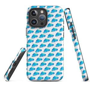 May include: A white smartphone case featuring a repeating pattern of small, blue, puffy clouds. The case is shown from three angles, displaying the back with a circular magnetic charging ring, the bottom edge with speaker ports, and the side edge.