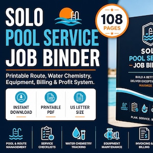 Puede incluir: Una carpeta azul oscuro titulada Solo Pool Service Job Binder con 108 páginas. La portada muestra un icono de piscina, texto sobre optimización de rutas y maximización de beneficios, e iconos de mantenimiento, facturación y seguimiento.