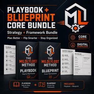 May include: A digital download bundle featuring The MildlyLost Method Playbook and Blueprint. The black books display orange and white text and logos. Accompanying white documents outline a step-by-step process, a framework, and a deal analyzer.