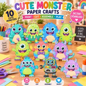 Può includere: Un set di lavoretti in carta con 10 personaggi mostruosi colorati di varie forme, motivi ed espressioni. L'immagine include il testo CUTE MONSTER PAPER CRAFTS, PRINT, CUT, ASSEMBLE, PLAY, INSTANT DOWNLOAD e A little CRAFT A BIG IMAGINATION.