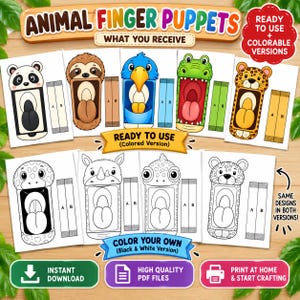Può includere: Un kit digitale per marionette da dito con cinque disegni a colori, tra cui un panda, un bradipo, un uccello, un coccodrillo e un leopardo, insieme a cinque versioni in bianco e nero. Include modelli stampabili con linguette A e B.