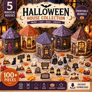 May include: A Halloween house collection printable bundle featuring 5 magical houses and over 100 pieces including ghosts, black cats, pumpkins, lanterns, and signs with text like Black Cat Magic, Ghosts Welcome, and Haunted Bakery.