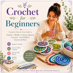 May include: A book cover titled Crochet for Beginners, featuring a complete step-by-step guide to stitches, motifs, granny squares, coasters, pot holders, and scarves. The cover displays colorful crocheted coasters, a basket of yarn, and a crochet hook.