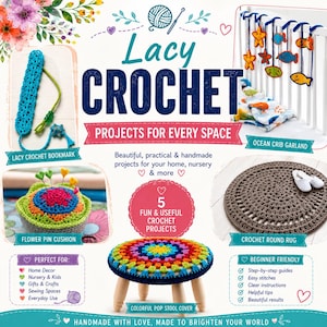 Crochet Home Decor Patterns PDF | 5 Project eBook (Bookmark, Rug, Garland, Pincushion, Stool Cover)