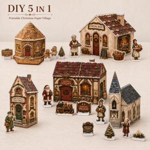 Può includere: Un set di villaggio natalizio in carta stampabile fai-da-te 5 in 1 con edifici in miniatura tra cui una casetta di pan di zenzero, un panificio, un ufficio postale, un laboratorio e una cappella, con figure in carta di Babbo Natale.
