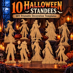 Könnte beinhalten: Ein Set aus 10 Halloween-Aufstellern mit DIY-druckbaren Dekorationsvorlagen. Die hellen Pappaufsteller zeigen eine Hexe, eine Vogelscheuche, einen Vampir, eine kopflose Figur, eine Mumie, ein Monster, einen Clown, den Sensenmann und eine Braut.