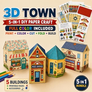 Puede incluir: Un kit de manualidades en papel 5 en 1 titulado 3D TOWN, que incluye páginas imprimibles para construir cinco edificios coloridos, como una panadería, una oficina de correos y una estación de bomberos. Incluye accesorios y lápices de colores.